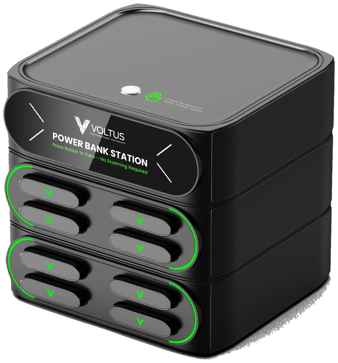 Estación de carga Voltus del modelo Amenity, con botón superior para retirar el power bank