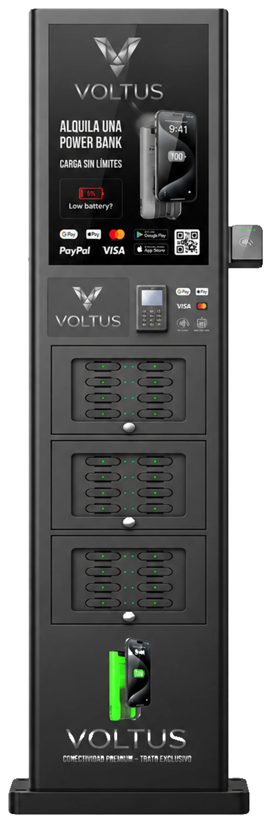 Torre de carga Voltus con datáfono físico y cajones con cierre, del modelo Pay-per-use