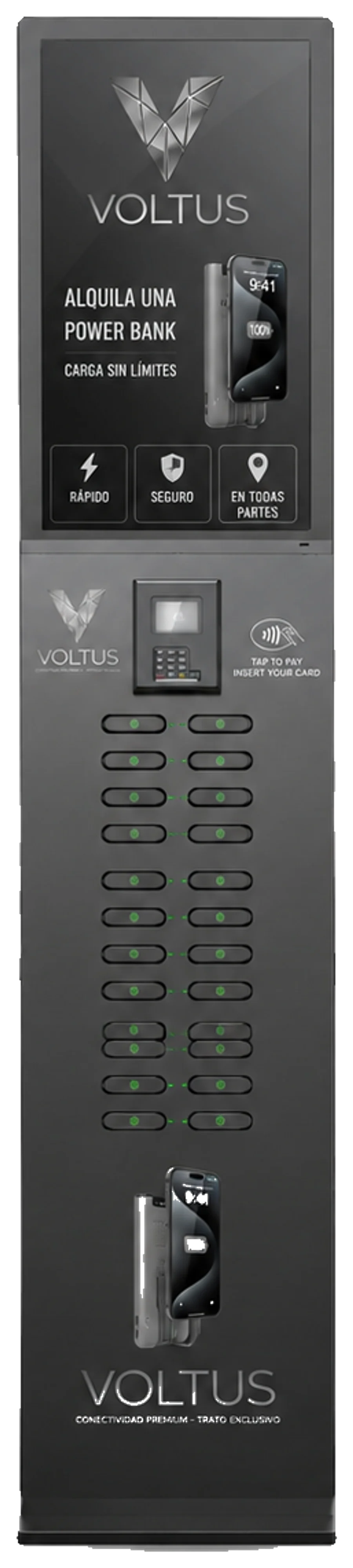 Torre de carga Voltus de perfil estrecho (slim), del modelo Pay-per-use