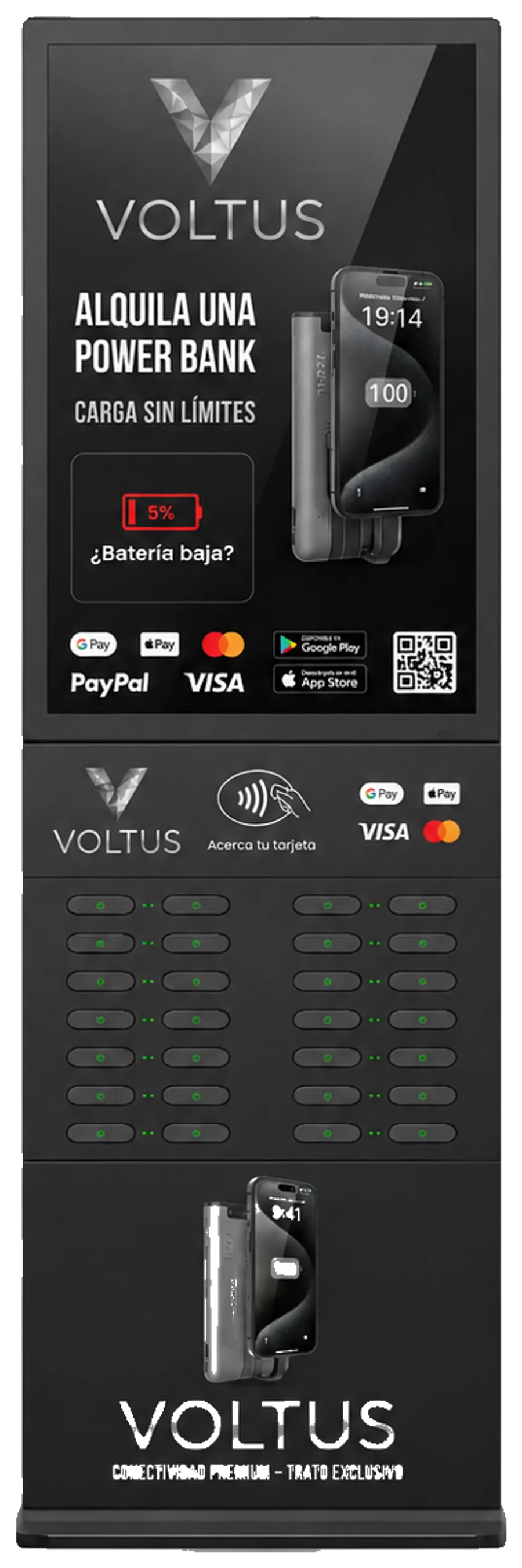 Torre de carga Voltus de pie con gran pantalla, del modelo Pay-per-use